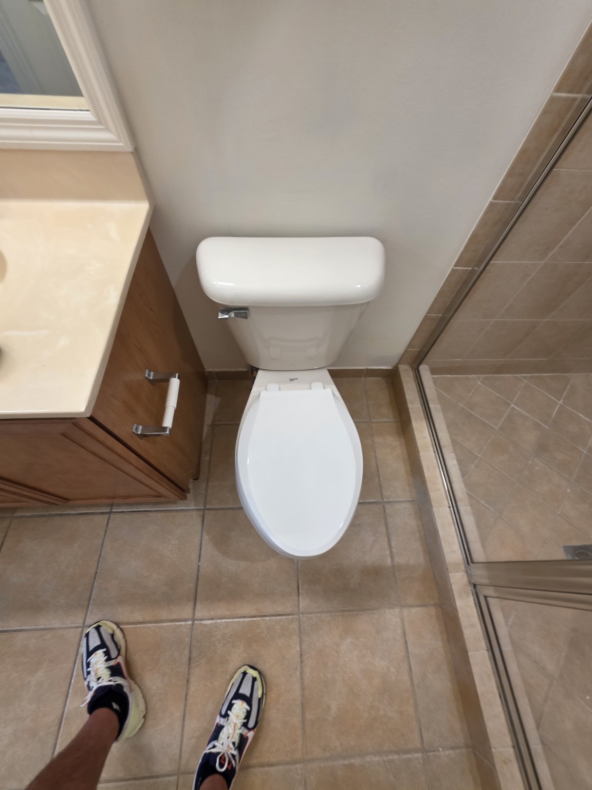 Original bathroom floor, toilet, vanity, and shower before renovation